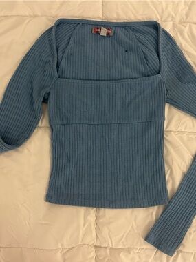 Urban Outfitters Blue Ribbed Square-Neck Long Sleeve Top